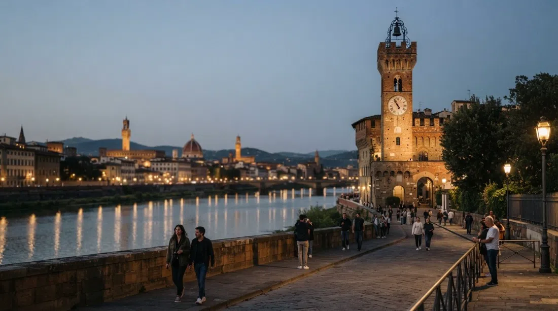 Torre di San Niccolò rising above the riverbank at dusk, its medieval brickwork catching the last light over the Arno