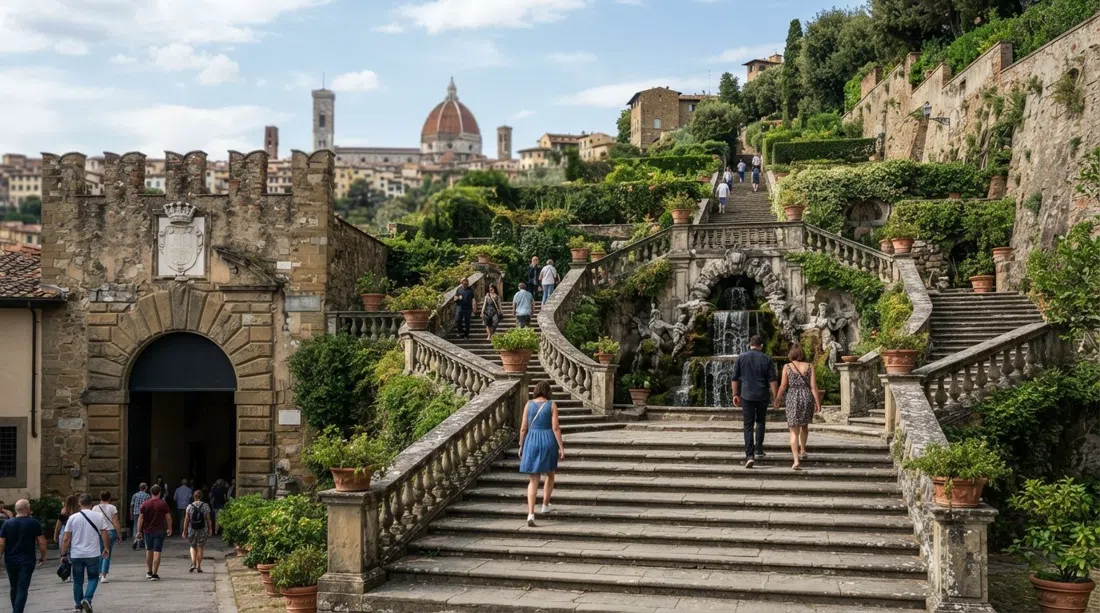 the Rampe del Poggi climbing from Porta San Miniato, with fountains, grottoes and terraced stone steps leading uphill