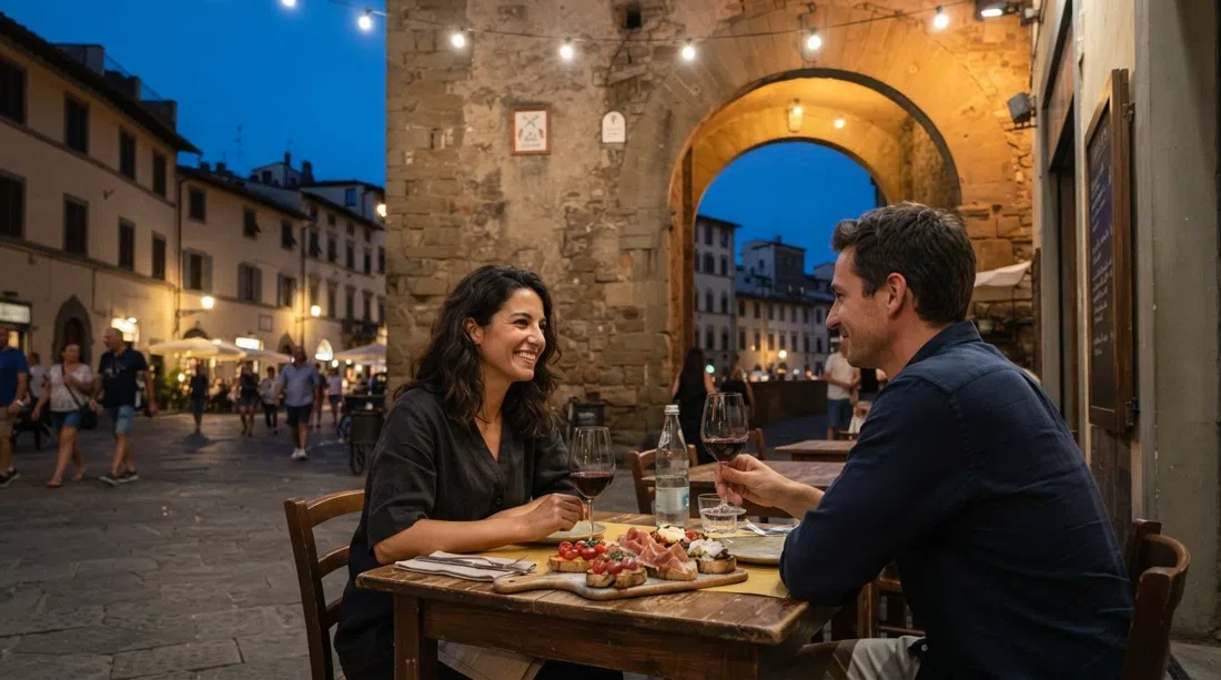 an outdoor table under the medieval gate at Enoteca Fuori Porta, with crostoni, wine glasses and evening light on the stone arch