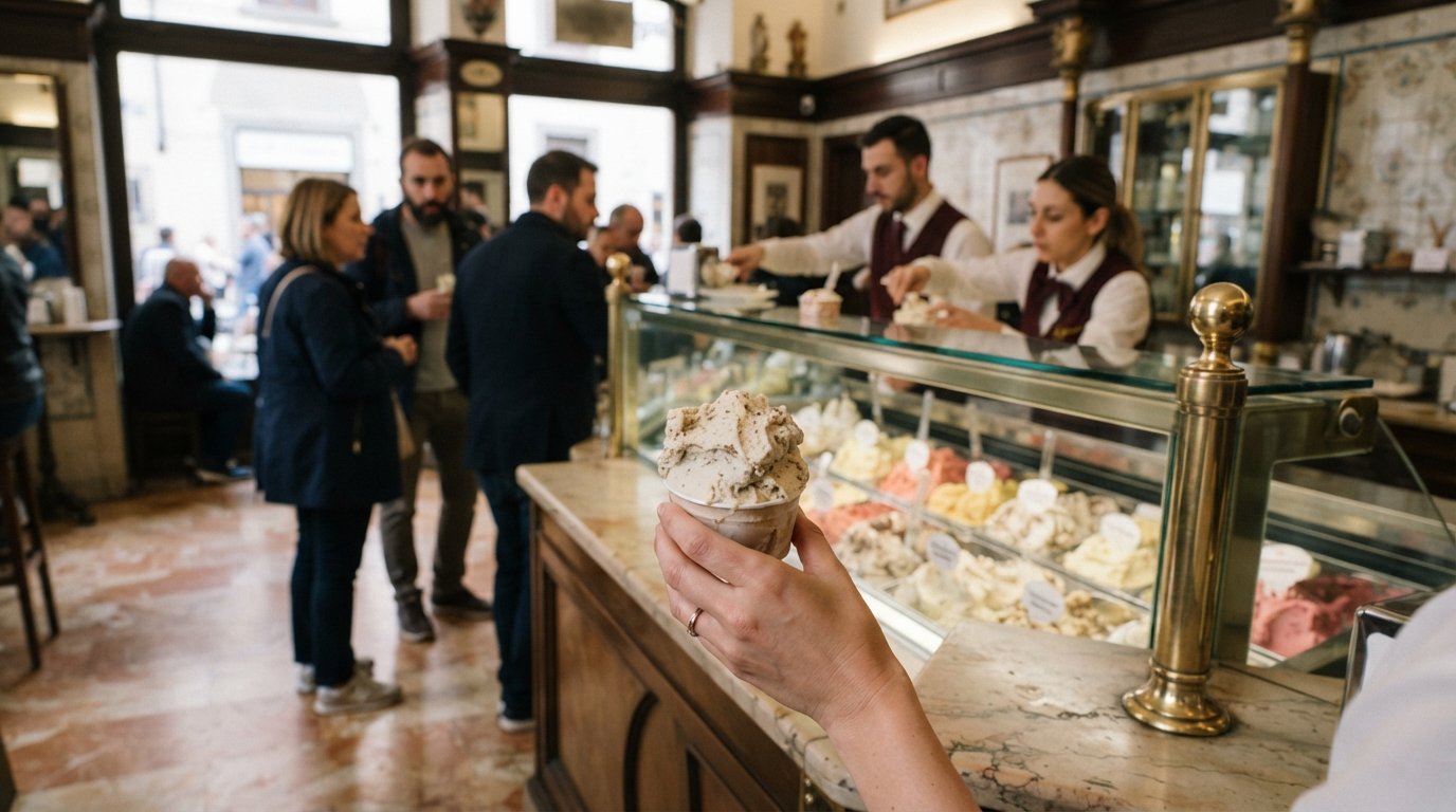 the marble-and-brass interior of Gelateria Badiani on Viale dei Mille, with a counter of gelato tubs and a serving of creamy Buontalenti in the foreground