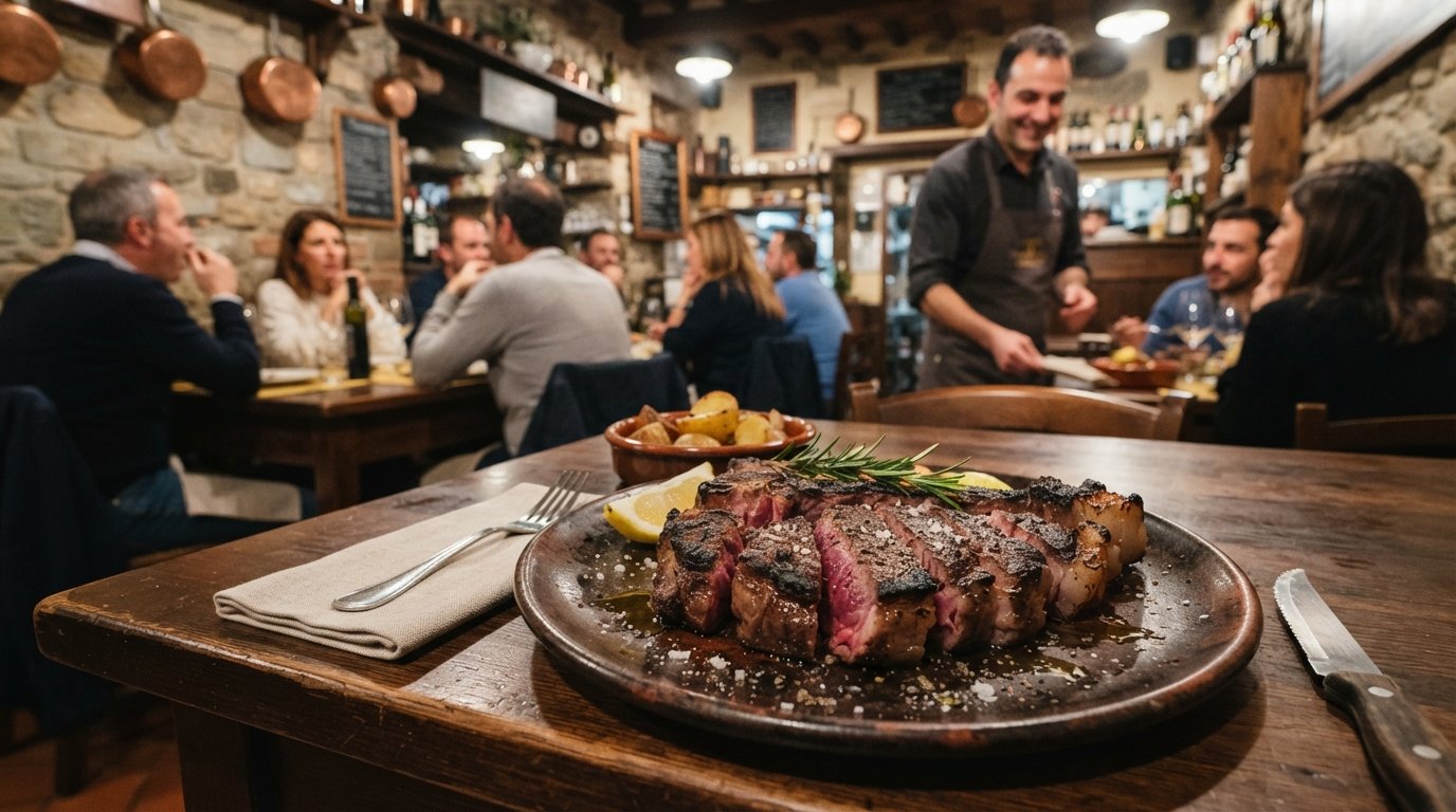 a charcoal-grilled bistecca alla fiorentina at Perseus on a rustic plate, the meat rare in the centre and served in warm restaurant light