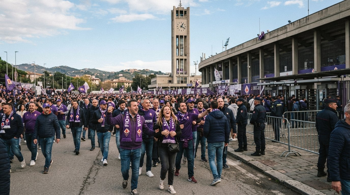 Fiorentina fans outside the Stadio Artemio Franchi on match day, purple scarves, the Maratona tower rising behind them and the stadium approach busy with movement