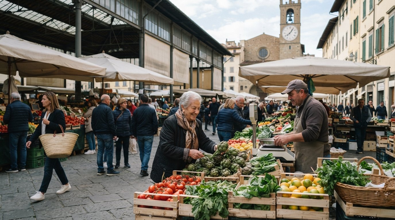 the morning bustle at Mercato delle Cure on Piazza delle Cure, produce stalls, shoppers and the covered-and-open market atmosphere in soft daylight