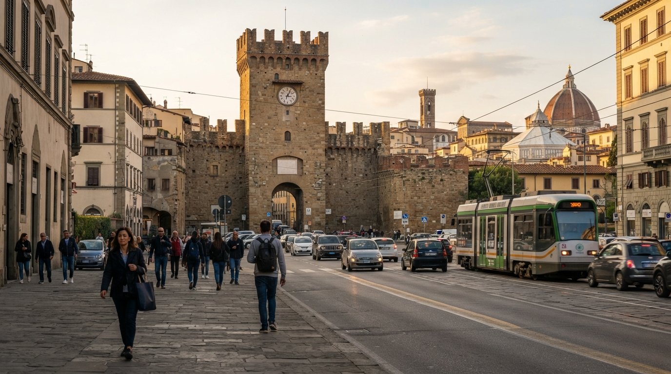la porta di Porta al Prato e i larghi viali occidentali di Firenze nel tardo pomeriggio, linee del tram e traffico incorniciano l'antica soglia cittadina