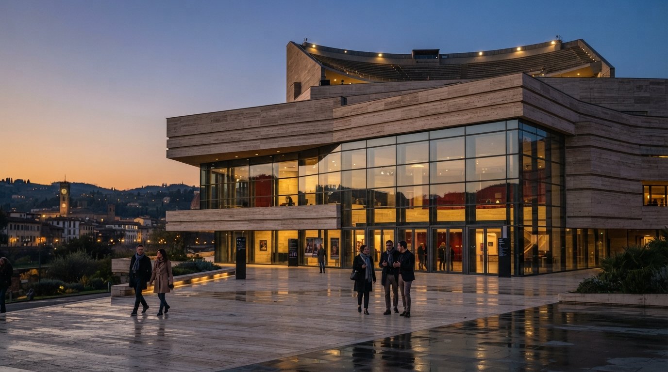 il Teatro del Maggio Musicale Fiorentino al crepuscolo, superfici di vetro e travertino catturano la luce serale con la Cavea sul tetto sopra