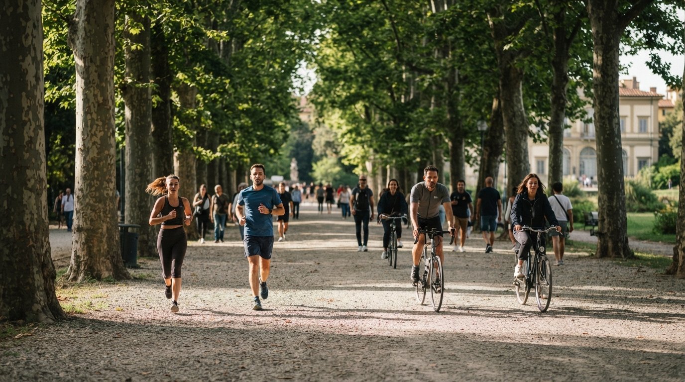 corridori e ciclisti sul viale principale pianeggiante del Parco delle Cascine, ombra profonda dai platani in un pomeriggio caldo