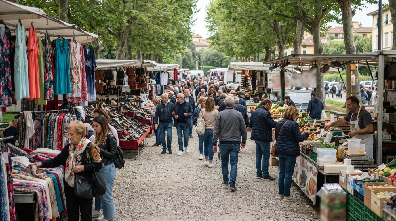 il Mercato delle Cascine il martedì mattina, file di bancarelle del mercato lungo il viale del parco con venditori di vestiti, scarpe e cibo a cielo aperto