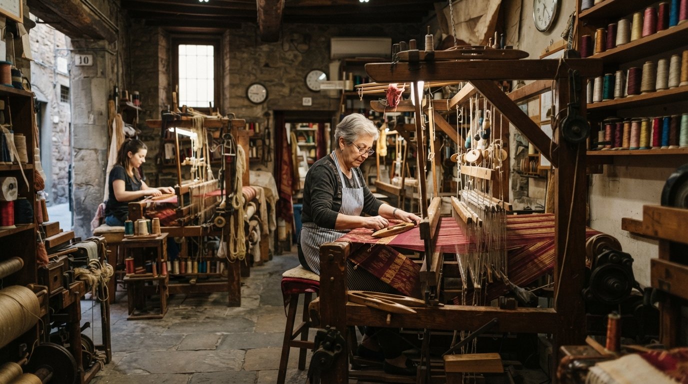 the Antico Setificio Fiorentino silk workshop on Via Bartolini, hand looms and warm workshop light catching threads in a narrow artisan room