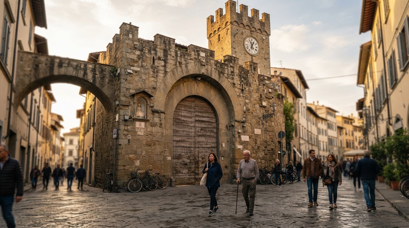 Porta San Frediano at the edge of Borgo San Frediano, the medieval gate with its wooden doors and tower seen in late afternoon light
