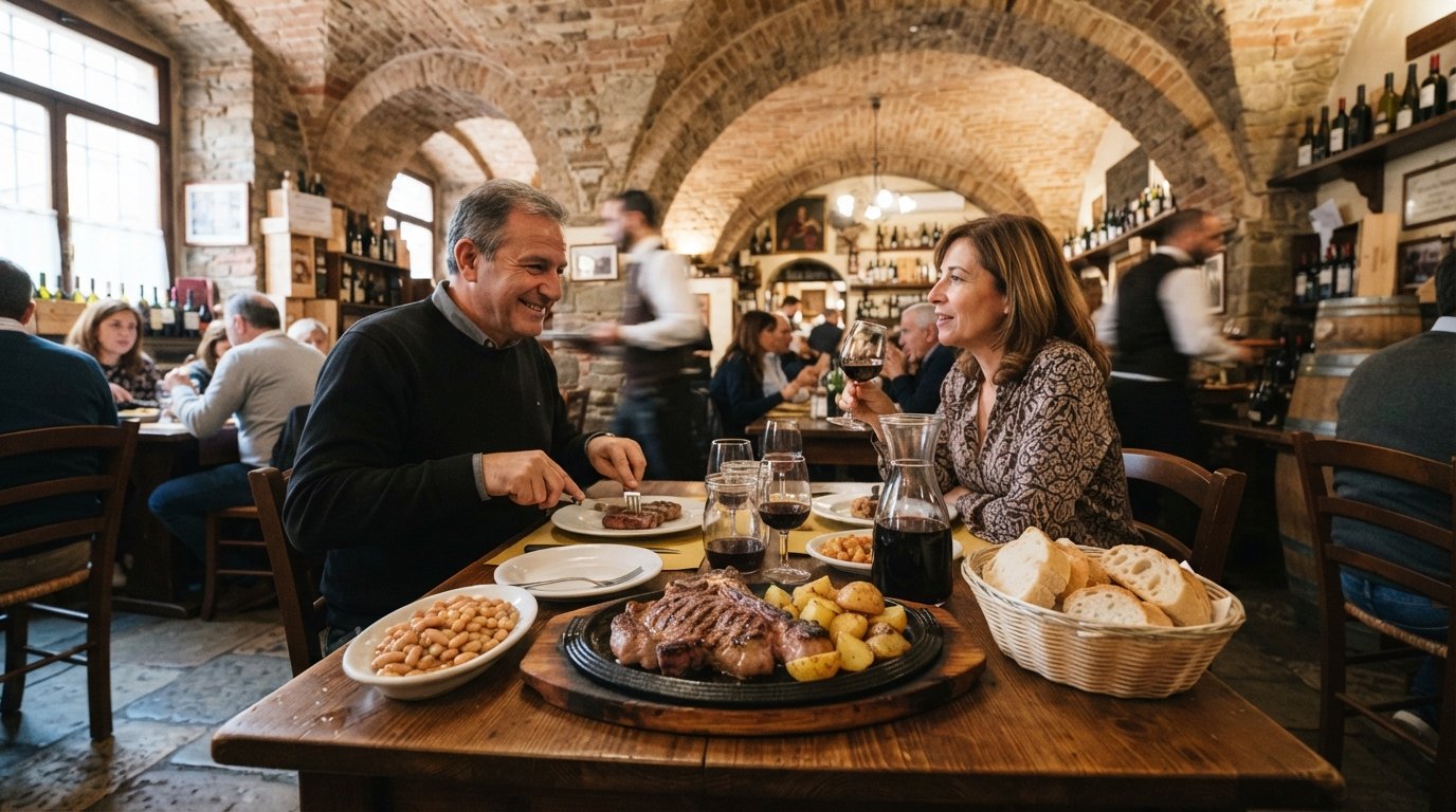 the vaulted interior of All’Antico Ristoro di’ Cambi on Via Sant’Onofrio, brick arches over a bistecca alla fiorentina and Tuscan plates on the table