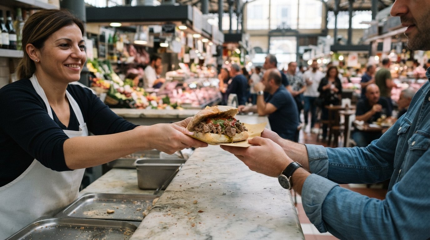 En Nerbone lampredotto-panino, der bliver rakt over disken i Mercato Centrale med marmorhylden og den fyldte madhal synlig bagved