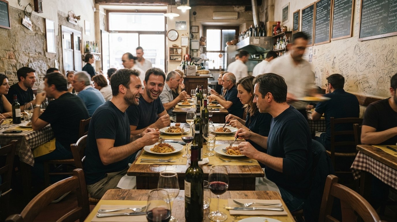 Spisesalen på Trattoria Mario i Firenze, fælles borde, håndskrevne menutavler og en frokostskare under varmt lys