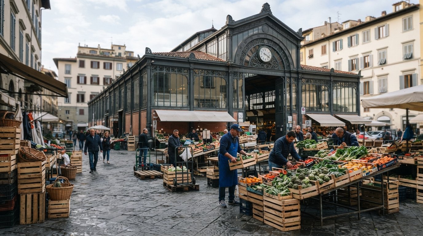 the iron-and-glass hall of Mercato di Sant'Ambrogio on Piazza Lorenzo Ghiberti in early morning light, produce crates stacked outside and traders setting up for the day