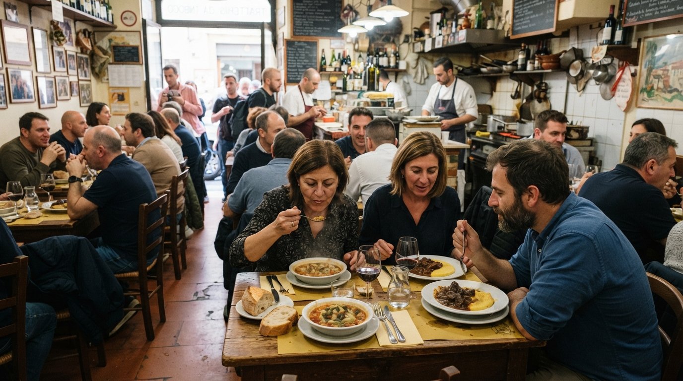 inside Trattoria da Rocco at lunch, a small packed room in the market with handwritten menu boards, bowls of ribollita and plates of peposo on plain tables