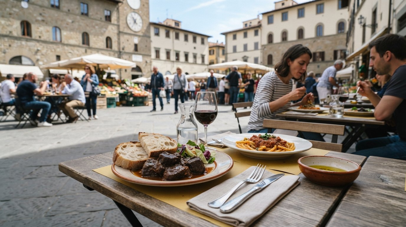 a composed Tuscan lunch at Gilda Bistrot on Piazza Ghiberti, a plate of peposo and a daily special on a simple table with the market square beyond