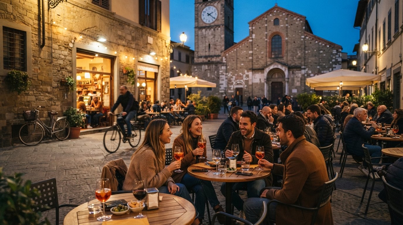 evening aperitivo at Caffè Sant'Ambrogio, tables spilling onto Piazza Sant'Ambrogio under warm light with glasses, locals chatting and bicycles nearby