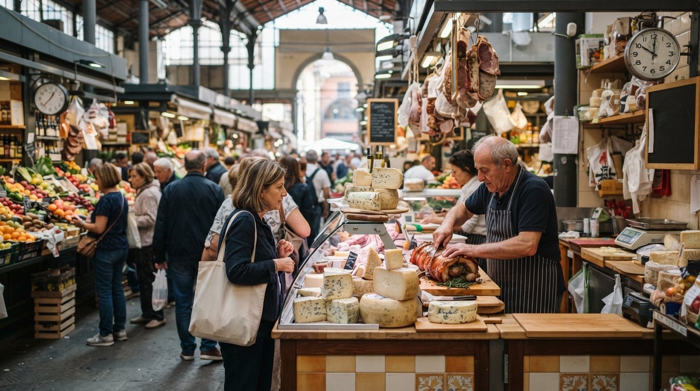 a mid-morning scene inside Mercato di Sant'Ambrogio, porchetta, cheese and fruit stalls crowded with regular shoppers and market light filtering in
