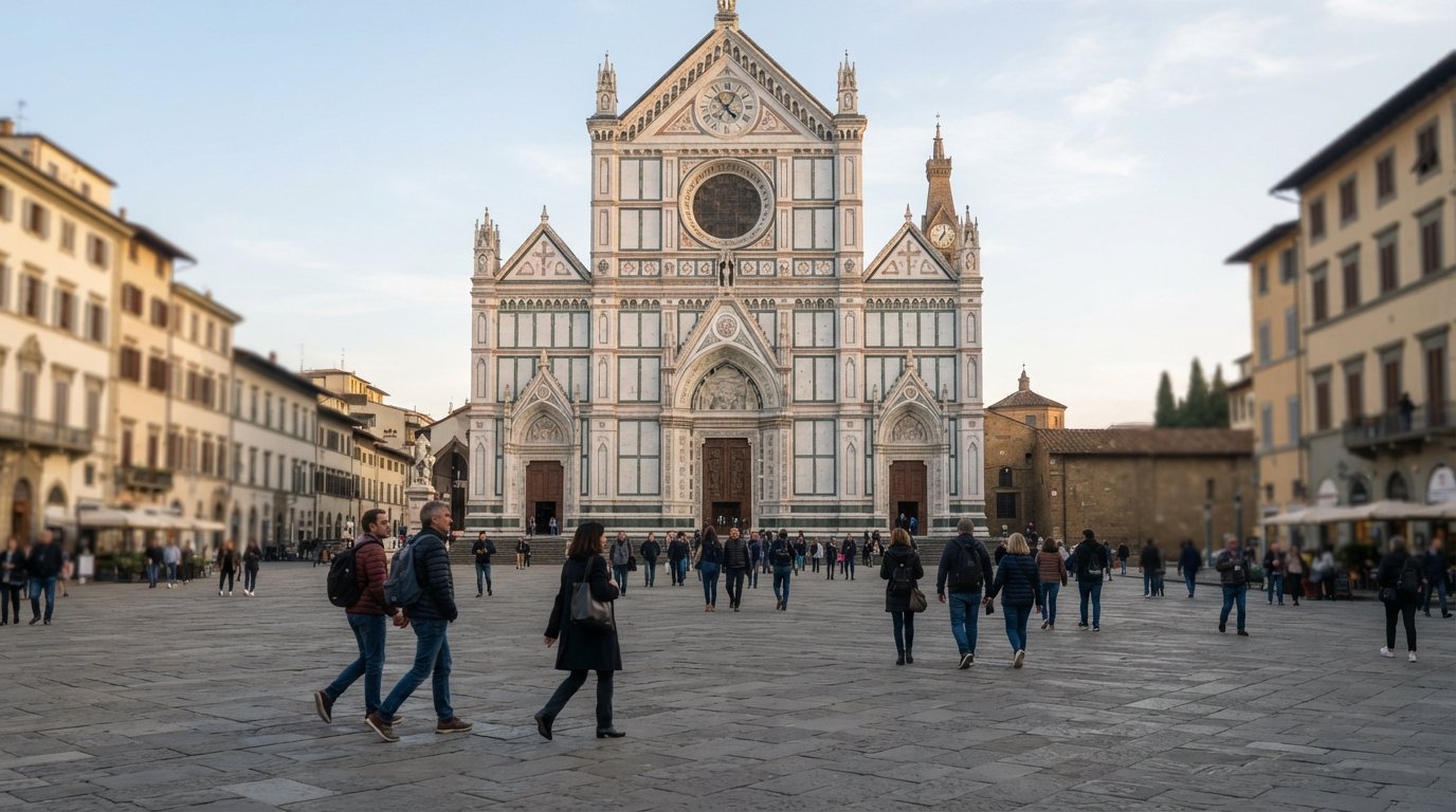 la fachada y la plaza de la Basílica de Santa Croce en Florencia a la suave luz de la mañana, visitantes cruzando la amplia plaza hacia la iglesia franciscana