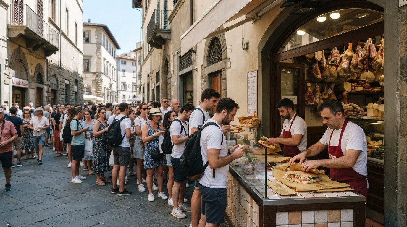 una larga cola fuera de All’Antico Vinaio en Via dei Neri en Florencia, sándwiches de schiacciata siendo envueltos en el mostrador bajo el sol brillante del mediodía
