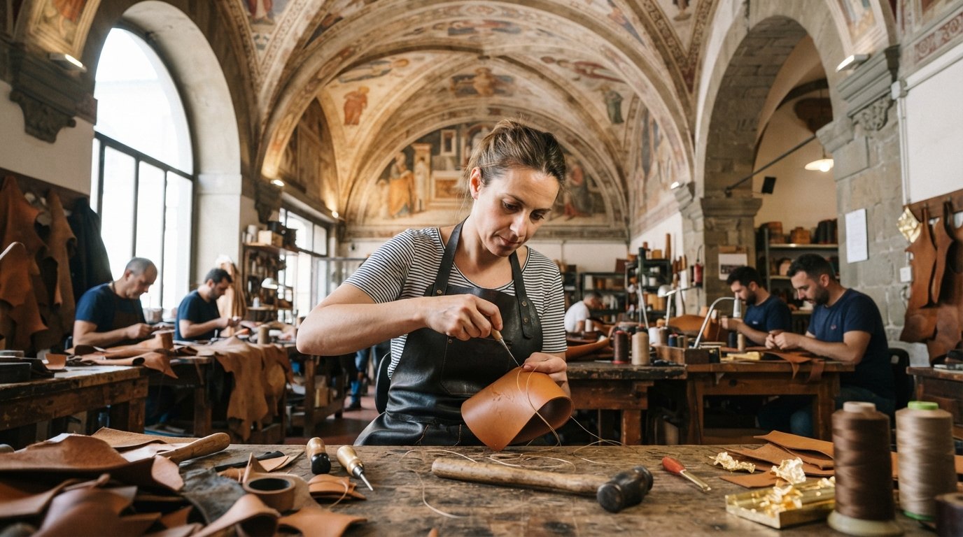 artesanos trabajando bajo bóvedas del siglo XV con frescos en la Scuola del Cuoio detrás de Santa Croce, cuero siendo cosido y dorado en una sala de exposición luminosa