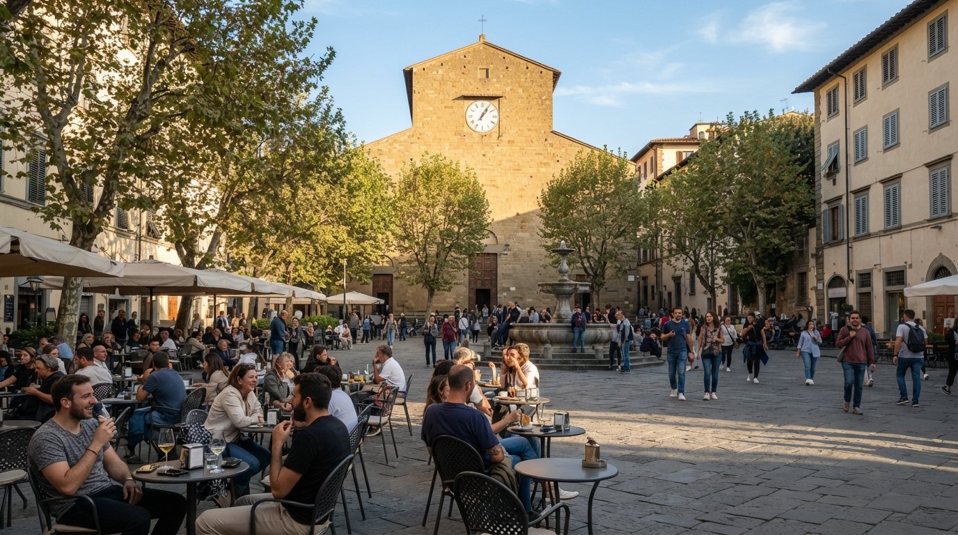 Piazza Santo Spirito in laat middaglicht, de eenvoudige gevel van de Basilica di Santo Spirito tegenover platanen, terrastafeltjes en de sjofele centrale fontein
