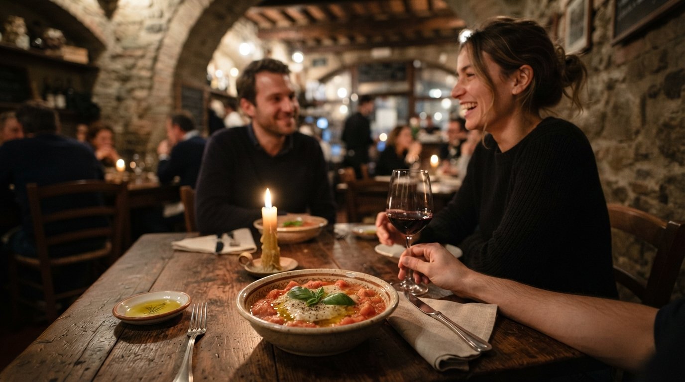 Een kaarsverlichte tafel bij Il Santo Bevitore met donker hout, een kom pappa al pomodoro en een glas rode wijn bij warm, laag licht