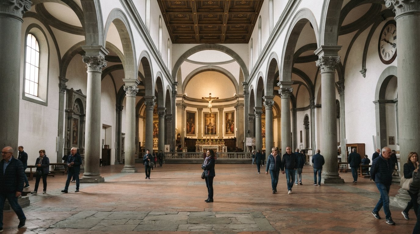 Het interieur van de Basilica di Santo Spirito met grijze pietra serena-zuilen en zacht zijlicht dat over het schip valt